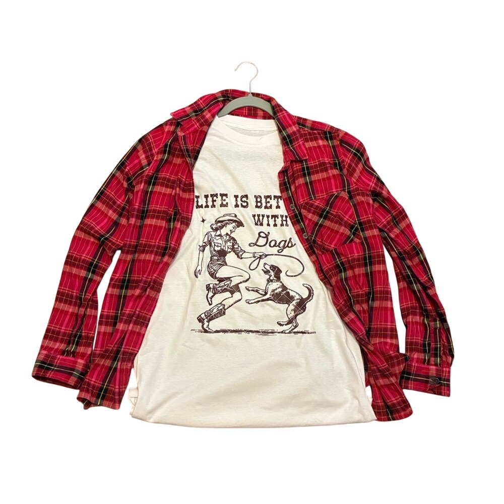 Vintage Red and Black Plaid Cotton Flannel Button Down  Shirt Grunge Small